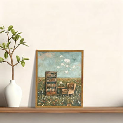 KBKBART Framed Reading Wall Art Whimsical Book Lover Canvas Painting 8x10in - color: Bookshelf, size: 10"L x 8"W