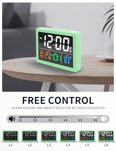 JALL Digital Clock with Date Day for Seniors, Electric Alarm Clocks for Bedrooms with Temperature, 2 Alarms, Dimmer, Dual USB Charger, Battery Backup, Volume Control, Snooze, Bedside Desk Clock, Green - color: Green