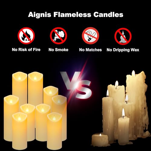 Aignis 9pcs Flameless LED Candles Battery Operated with 10-Key Remote & Timer, Indoor Heat Resistant, 3D Wick with Warm Flickering Glow for Cozy Home/Wedding/Holiday Décor (D 2.2" x H 5"/6"/7") - size: D 2.2" * H 5"/6"/7"