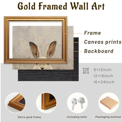 Vintage Gold Framed Rabbit Wall Art, Funny Picture Wall Decor, Cute Animal Decorations Home Decor, Oil Painting Canvas Prints, Artwork for Kids Room Bedroom 16x24 inch - color: Bunny, size: 24"L x 16"W