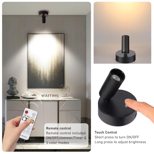 Wireless LED Spotlight, Rechargeable Floor Uplighting Indoor, Battery Operated Picture Light with Remote Timer and Dimmable Accent Spot Lights Stick on Wall Light for Plants Pictures Artwork - color: Black
