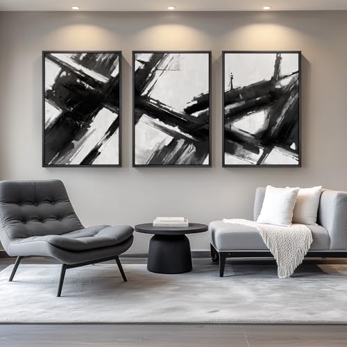 Large Framed Black and White Abstract Canvas Wall Art for Living Room - color: Brushstrokes, size: 24" W x 36" H x 3Pcs