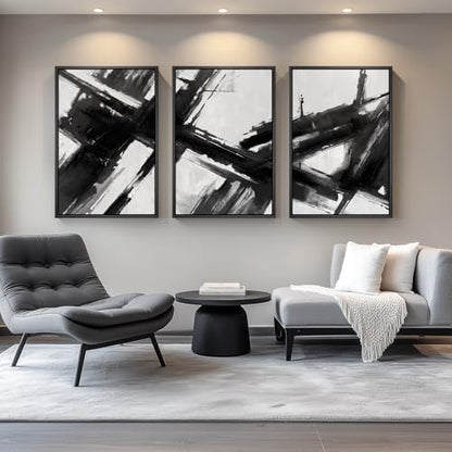 Large Framed Black and White Abstract Canvas Wall Art for Living Room - color: Brushstrokes, size: 24" W x 36" H x 3Pcs