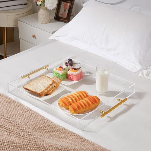 Large Clear Acrylic Serving Tray (16×18 Inches) with Gold Handles Spill Proof Acrylic Decorative Tray Organiser for Ottoman Coffee Table Countertop - size: 16x18 Inches