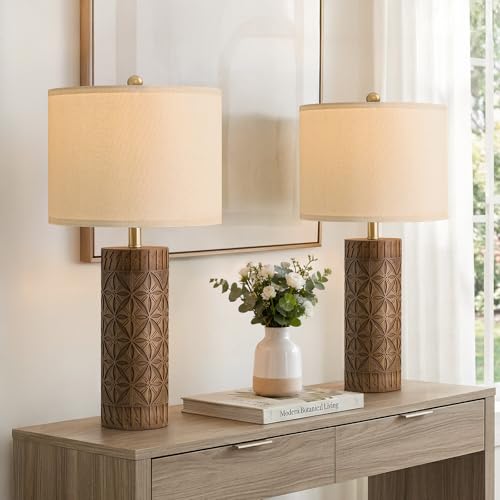 BOBOMOMO 24.25" Modern Farmhouse Table Lamps Set of 2, Geometric Wood Grain Resin Bedside Lamps for Nightstand, Rustic Lamps for Living Room, Bedroom, Entryway, Home Decor, Linen Shade - color: Rustic Brown