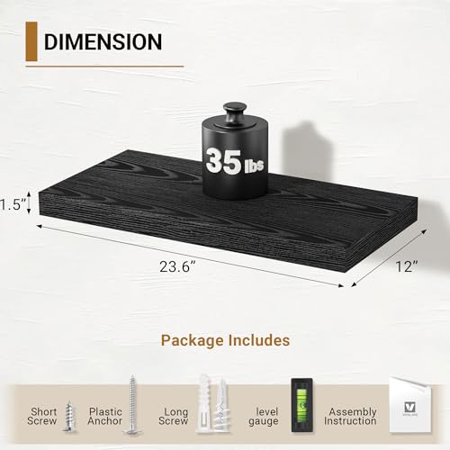 Vivelove 24 Inches Black Floating Shelves, 12 Inch Deep, Set of 2 - color: Black, size: 23.6”wx12”dx1.5”h