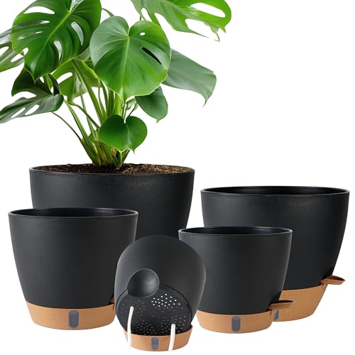 Self Watering Pots for Inoor Ourdoor Plants 10/9/8/7/6.5" Plastic Planters - color: Black, size: 10/9/8/7/6.5 Inch