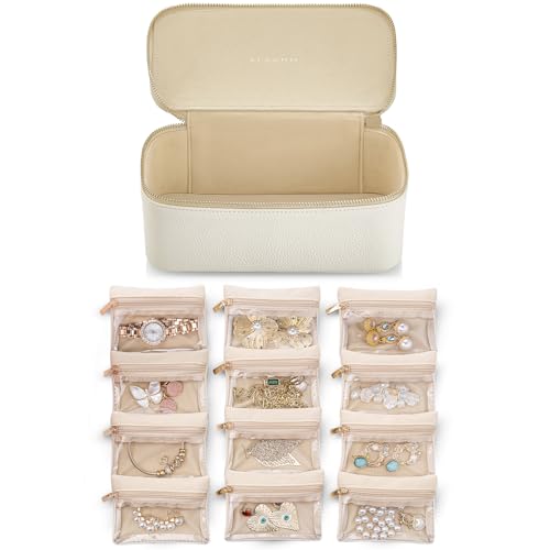 VLANDO Travel Jewelry Case with Clear 12 Velvet Bags,White - color: 12PCS-White