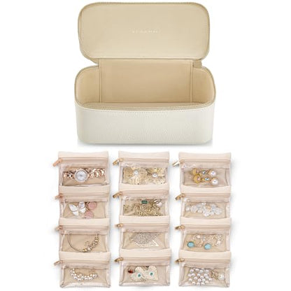 VLANDO Travel Jewelry Case with Clear 12 Velvet Bags,White - color: 12PCS-White