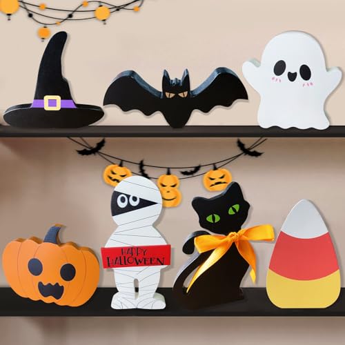 Cute Halloween Decorations Indoor: 7PCS Wooden Tiered Tray Decor Table Sign - Pumpkin Ghost Bat Black Cat Mummy Witch Hat Candy Corn Freestanding Signs for Party Home Mantel Shelf Display - style: Cute