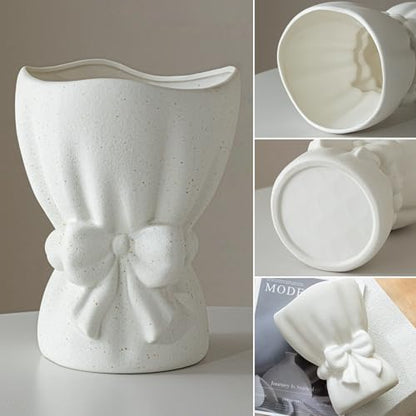 Lvases Bow Knot White Ceramic Decorative Flower Vase for Home Decor