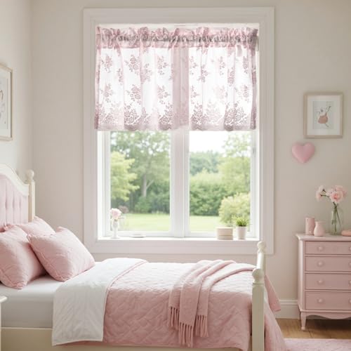 Kotile Pink Lace Valance for Windows Rustic Floral W52xL18 Inch 1 Panel - color: Pink