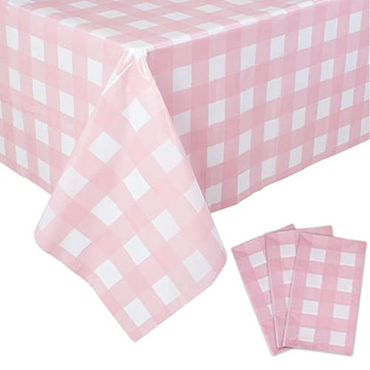 Kesfey 3 Packs Pink Gingham Tablecloth Pink and White Checkered Tablecloths 54 x 108 Inches Disposable Plastic Gingham Tablecovers Waterproof Rectangle Picnic Table Covers for Birthday Party Supplies - color: Pink and White