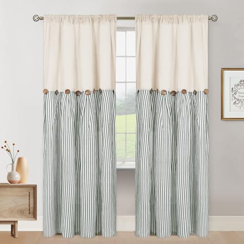 ASPMIZ Cotton Linen Farmhouse Curtains Boho Rustic Button Curtain, Linen Window Curtain Panels Green Stripe Country Curtains for Living Room Bedroom, Back Tab Window Drapes, 52 x 84 Inch, 2 Panels - color: Beige&green, size: 52"W x 84"L (Pack of 2)