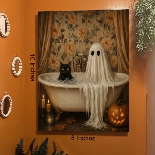 Halloween Wall Art Decor, Ghost Cat Bath Canvas Print Framed 8x10 Inch - color: N