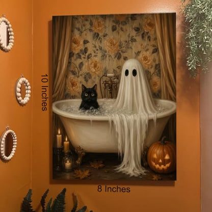 Halloween Wall Art Decor, Ghost Cat Bath Canvas Print Framed 8x10 Inch - color: N