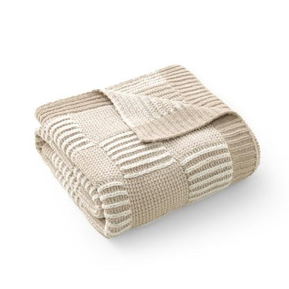 Amélie Home Checkered Chenille Knit Throw Blanket for Bed, Beige 60"x80" - color: Checkered Beige, size: 60" X 80"