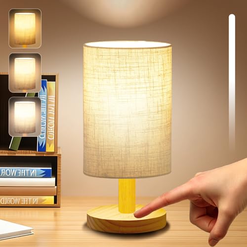 Small Touch Table Lamp for Bedroom, Portable LED Desk Lamps, 3 Color Stepless Dimming Up, Wood Base Round Flaxen Fabric Shade for Kids Room, Living Room, College Dorm, Home, Office - color: Touch switch-3 ColorTemp