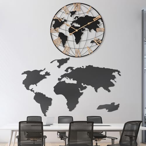 Pytha Sight 36 Inch Large Extra Metal Oversized Roman World Map Wall Clock - color: Gold Roman, size: 36 inch