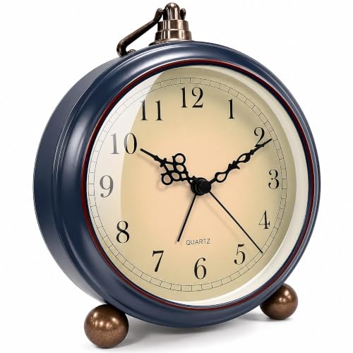 TooTa Vintage Retro Analog Alarm Clock, 4.5 inch Super Silent Non Ticking Small Clock with Night Light, Battery Operated, Simply Design, for Living Room, Bedroom, Bedside, Desk, Gift Clock (Blue) - color: Blue