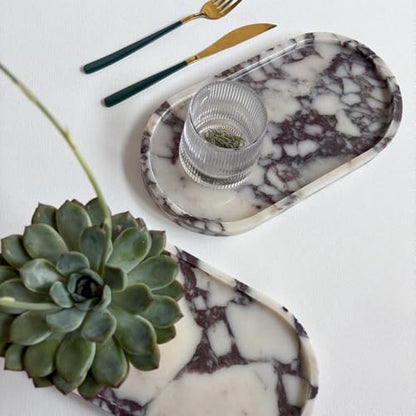 Natural Marble Stone 11.8 inches Oval Catchall Tray Classics Sundries Storage Jewelry Plates (Calacatta Purple)