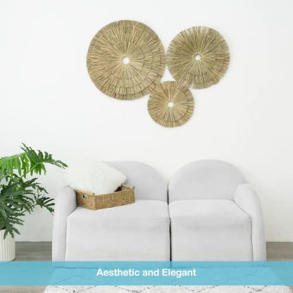 VATIMA Boho Wall Décor – Simple Oversized Wall Basket Décor for Home and Office – Seagrass Wicker Basket Wall Décor Set – 3pcs Flat Baskets – Easy to Hang – Handmade Design – Small/Medium/Large