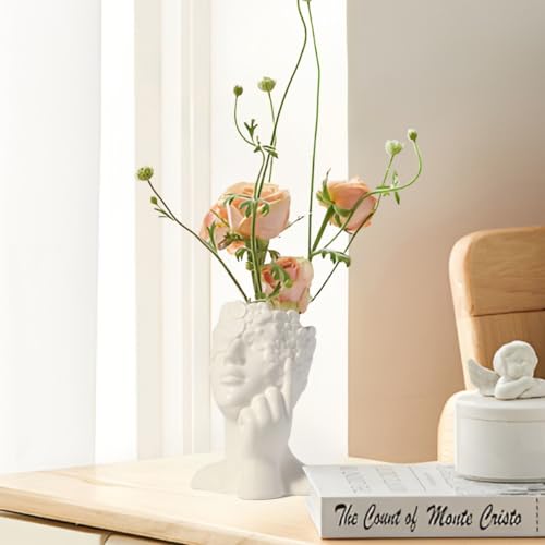 Ceramic Face Vase White Flower Vase for Decor, Female Face Vase Art, Modern Decorative Vase Centerpiece for Table, Shelf, Living Room, Office, Bedroom, Small - style: Vase shaped like a face1