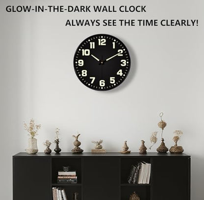 12 Inch Silent Wall Clocks Battery Operated, Glow in the Dark Wall Clock with Easy Read Numbers Non-Ticking Tempered Glass Night Vision Clocks for Living Room Office Gym Bedroom, Modern Black - color: Black Green, size: 12 Inch