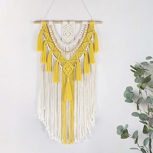 EOBTAIN Yellow Macrame Wall Hanging Boho Macrame Wall Art Handmade Woven Tapestry with Beige Tassel, Bohemian Yellow Wall Decor for Bedroom Living Room Nursery Dorm Home, 30L x 15.7W Inch - color: Yellow