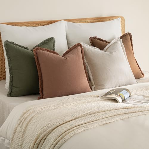 MIULEE Fall Linen Fringe Pillow Covers Set of 4 24x24 Beige/Brown/Green - color: Brown Green, size: 24" x 24" (Pack of 4)