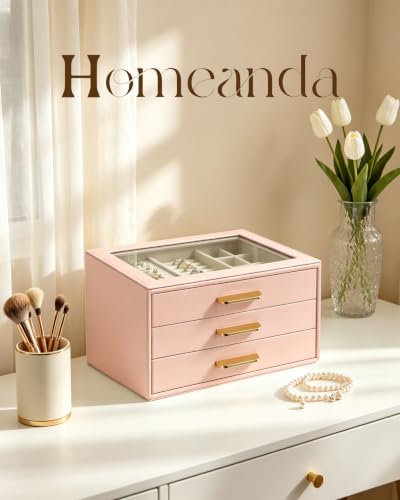 Homeanda Jewelry Boxes Organizer with Glass Lid, 3-Layer PU Leather, Pink - color: Mauve Pink, size: 3 Layer