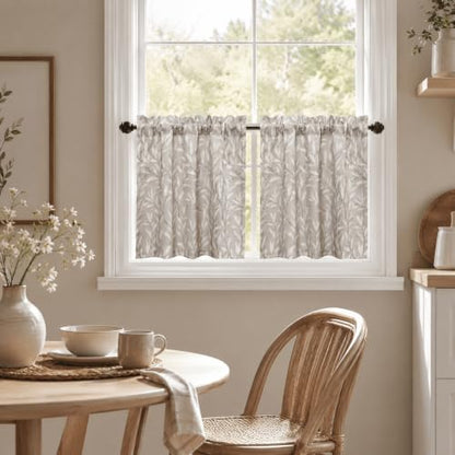 VOGOL Tier Curtains 24 Inch Length Grey Small Window Curtains for Bathroom Laundry Room Basement Rod Pocket Lovely Leaf Print Window Drapes, 30 x 24, 2 Panels - color: Grey, size: 30"W x 24"L (Pack of 2)