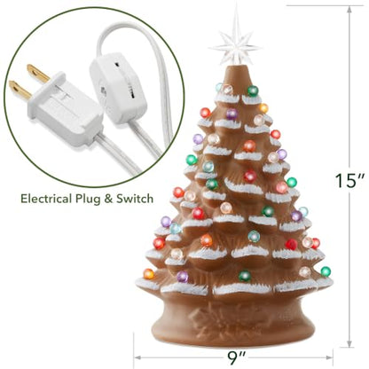 Casafield Hand Painted Ceramic Christmas Tree, Gingerbread 15-Inch Pre-Lit Tree with 128 Multi Color Lights, 2 Star Toppers - color: Brown