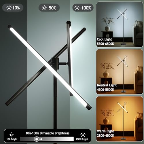NUÜR Modern Black Floor Lamp, Dimmable LED Standing Lamp with Remote - style: 3-Bar Linear Black Floor Lammp