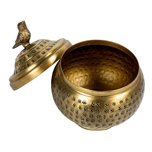Round Hammered Metal Container with Bird Finial, Brass Finish - size: 6 inches (Diameter) x 7 inches (Height), style: Bird