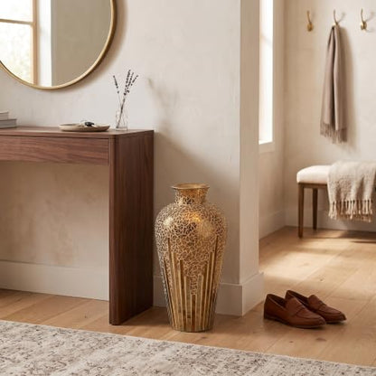 Tall Mosaic Floor Vase 22 Inch – Handmade Multi Golden Sands Glass Mosaic Vase for Pampas Grass & Flowers | Decorative Metal for Living Room, Entryway, Bedroom & Table Centerpiece Decor