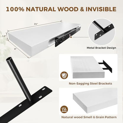 Solid Wood Floating Shelves, 24 Inch Wall Shelves, Set of 2, White - color: White, size: 24x8x1.6
