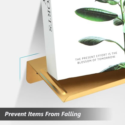 SMILECAT 7inch Small Floating Book Shelves for Wall Storage Set of 2.Wall Mounted Command Shelf for Bathroom,Bedroom,Living Room, Mini Tiny Display Hanging Shelves for Storage/Perfume/Room Decor.Gold