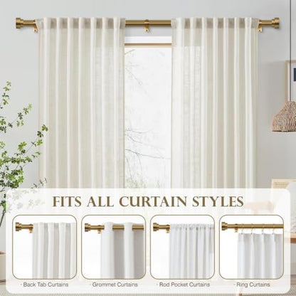 Brushed Brass Curtain Rods 32 to 152 Inch for Windows, 1 Inch Heavy Duty Adjustable Curtain Rod with Modern Solid Metal Finials, Antique Warm Gold Extra Long Drapery Rod for Living Room & Bedroom - size: 32"-152"