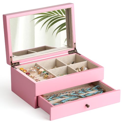 Meangood Jewelry Box Organizer for Women, 2 Layer Large Jewelry Storage Case, Rustic Wooden Jewelry Box with Mirror & Ring Tray for Necklace Earring Bracelets Rings, Vintage Style (Pink) - color: Pink, size: 1-Drawer