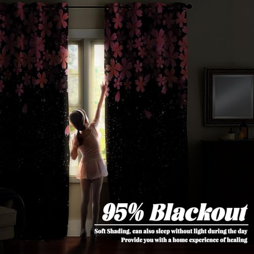 Pink Cherry Blossom Blackout Curtains for Bedroom 2 Panels 45" L x 29" W - color: Black & Pink, size: 29"W x 45"L (Pack of 2)