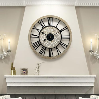 Large Farmhouse Wall Clock for Living Room Decor,24 in Round Carved Wooden Wall Clock,Rustic Silent Non-Ticking Decorative Wall Clocks for Bedroom/Kitchen/Entryway/Office/Dining Room - style: Farmhouse clock 1