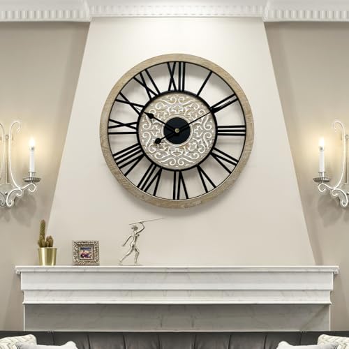 Large Farmhouse Wall Clock for Living Room Decor,24 in Round Carved Wooden Wall Clock,Rustic Silent Non-Ticking Decorative Wall Clocks for Bedroom/Kitchen/Entryway/Office/Dining Room - style: Farmhouse clock 1