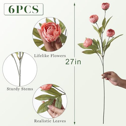 6 Pcs 27" Faux Silk Peony Artificial Flowers Stems for Vase (Dusty Pink) - color: Dusty Pink