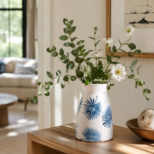 hjn Teal Ceramic Vase Modern Minimalist Table Centerpiece, Round Smooth Flower Holder for Living Room, Shelf, Mantel, Wedding & Home Decor -Cream-7" H - color: Teal-7inch