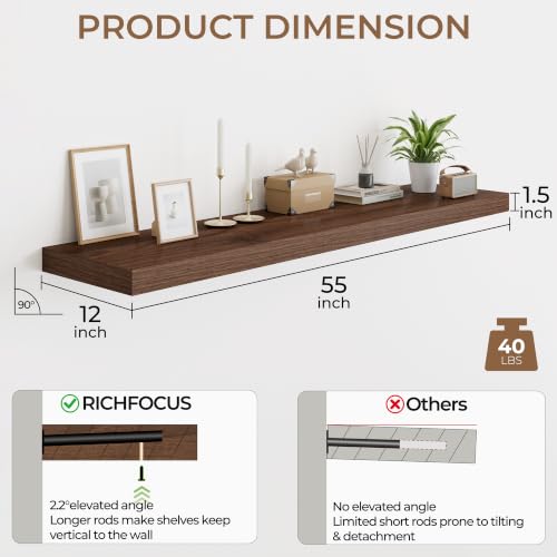 RICHFOCUS Long Floating Shelves for Wall 2Pack|Walnut|55" Lx12 D - color: Walnut, size: 55"L x 11.6"D, Set of 2