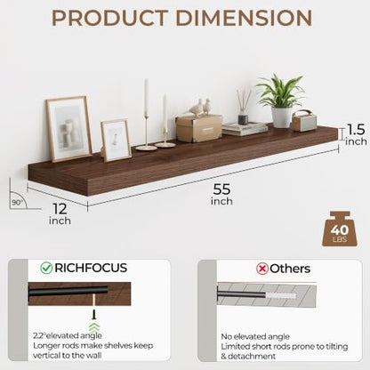 RICHFOCUS Long Floating Shelves for Wall 2Pack|Walnut|55" Lx12 D - color: Walnut, size: 55"L x 11.6"D, Set of 2