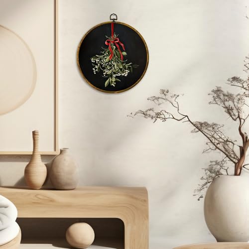 CUANFDDSF Vintage Christmas Mistletoe Round Wall Art Decor, Xmas Holiday Red Bow Mistletoe Botanical Wall Hanging Frame Decor, Elegant Christmas Canvas Prints Decorations for Home Bedroom, 10x10 Inch - color: Colour 19