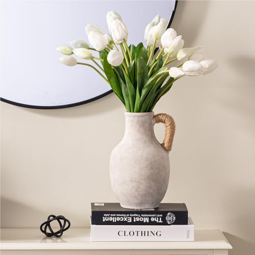 Vanselia Ceramic Flower Vase Home Table Decor Living Room Farmhouse 10 in - color: 10" With Hemp Rope