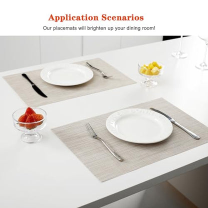 Beige White Vinyl Placemats Set of 6,Washable PVC Table Mats | Heat resistant, stain resistant non slip vinyl place mats, washable beige white table placemats for dining table - color: Beige-a, size: 6PCS 12"Wx18"L